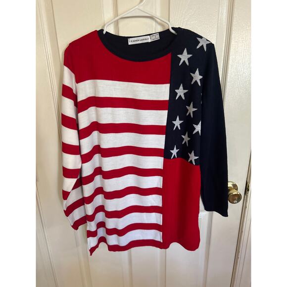 Karen Lessly Red White‎ & Blue Flag Design Sweater Size Small - Picture 1 of 3